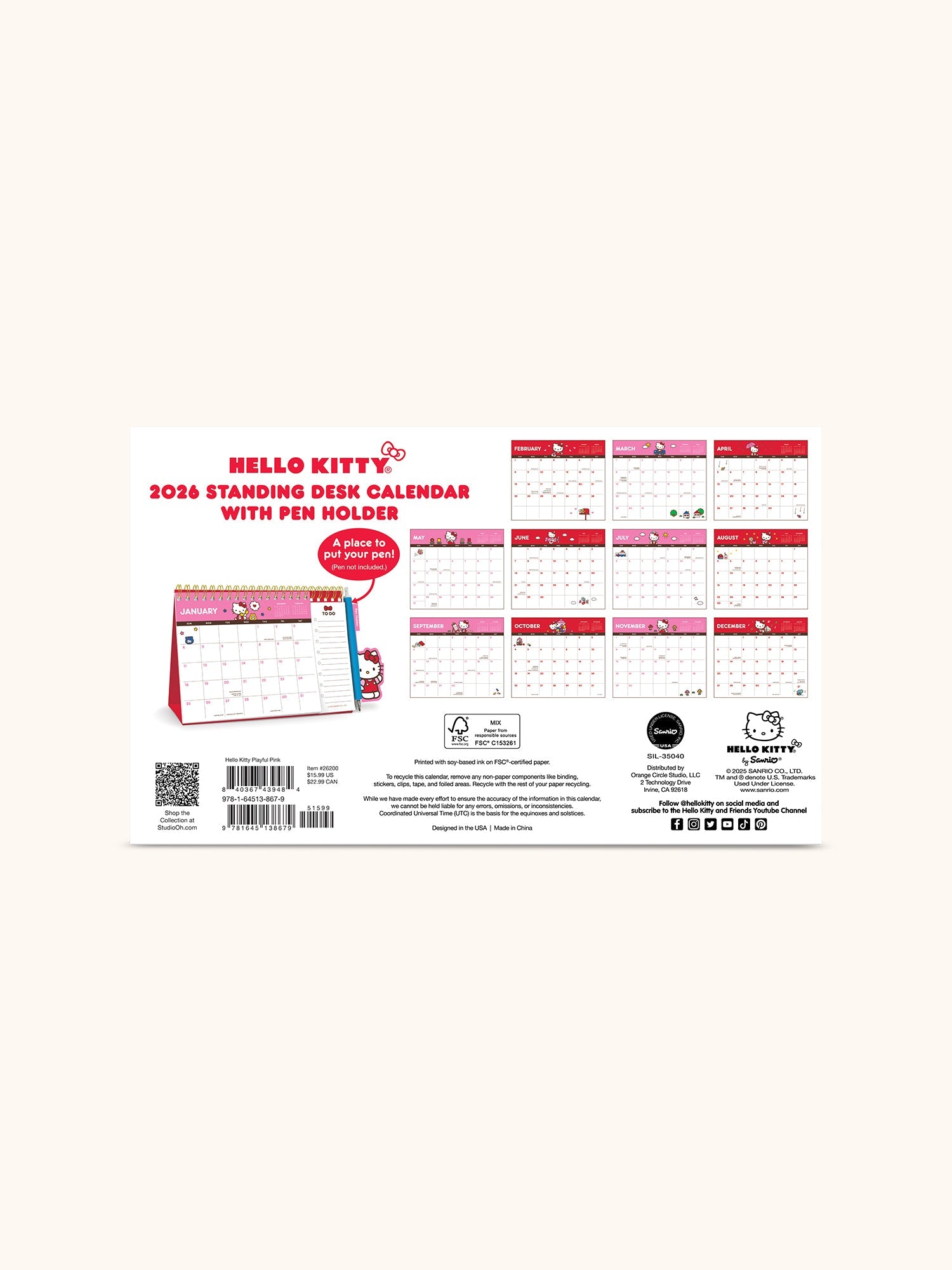 Hello Kitty x Studio Oh! 2026 Standing Desk Easel Calendar with Pen Holder - 图片 8