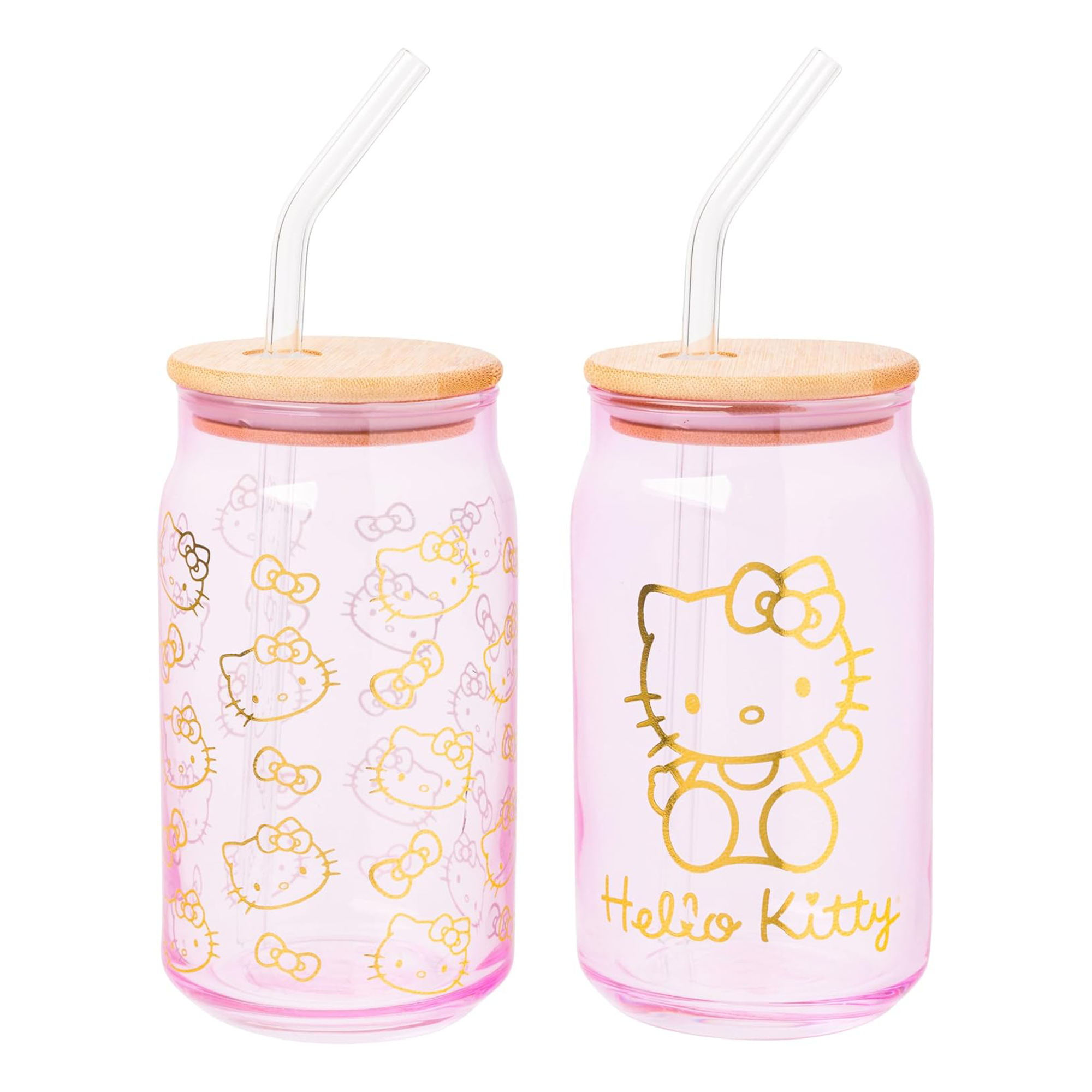 Hello Kitty Pink Glass Jar Tumblers with Bamboo Lid (Set of 2)