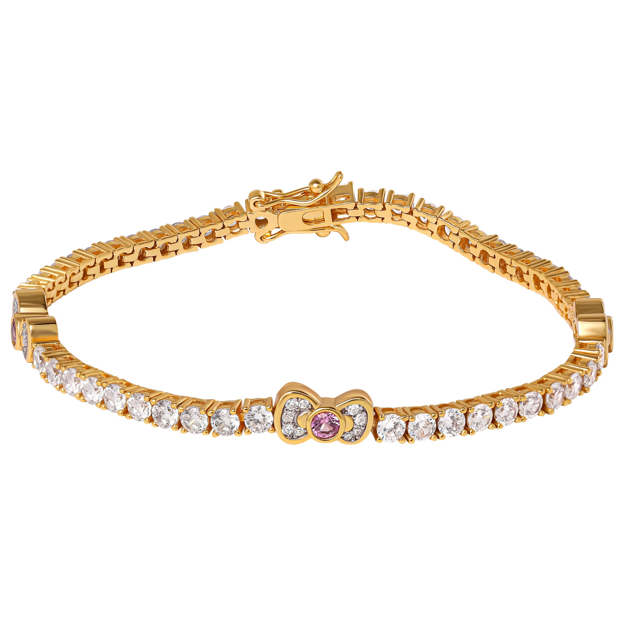 Hello Kitty Two-Tone Gold Plated Bow Tennis Bracelet (Pink & White Sapphire)