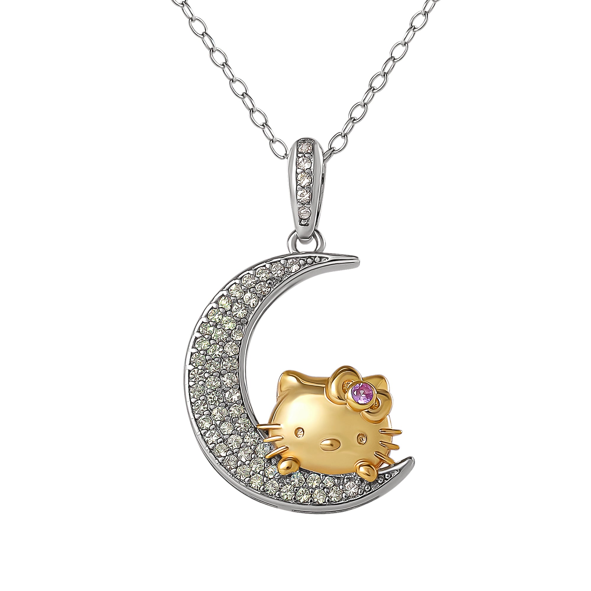 Hello Kitty Two-Tone Gold Plated Over The Moon Necklace (Pink & White Sapphire)