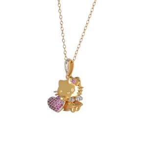 Hello Kitty 18" Two-Tone Gold Plated Angel Necklace (Pink & White Sapphire)