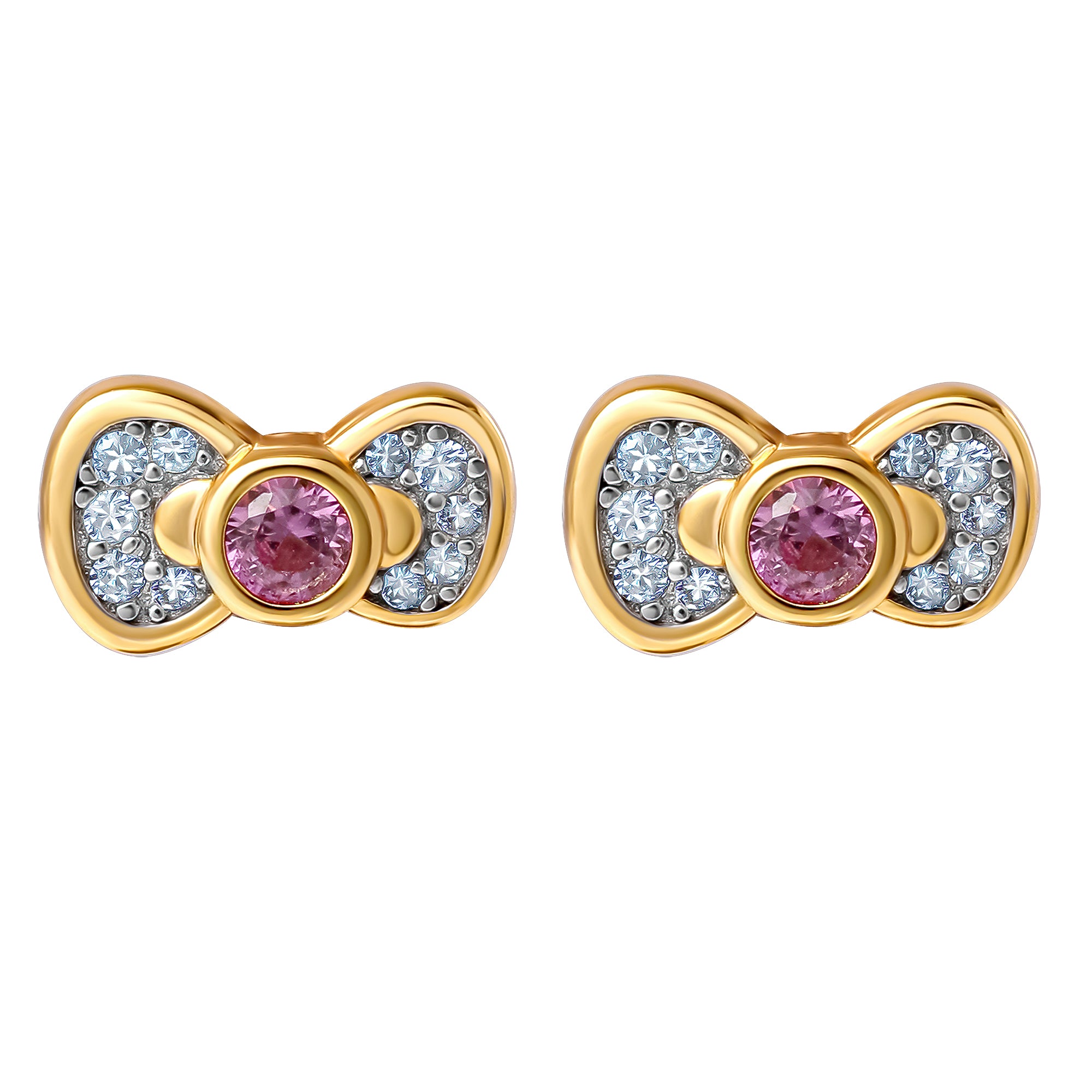 Hello Kitty Two-Tone Gold Plated Bow Stud Earrings (Pink & White Sapphire)