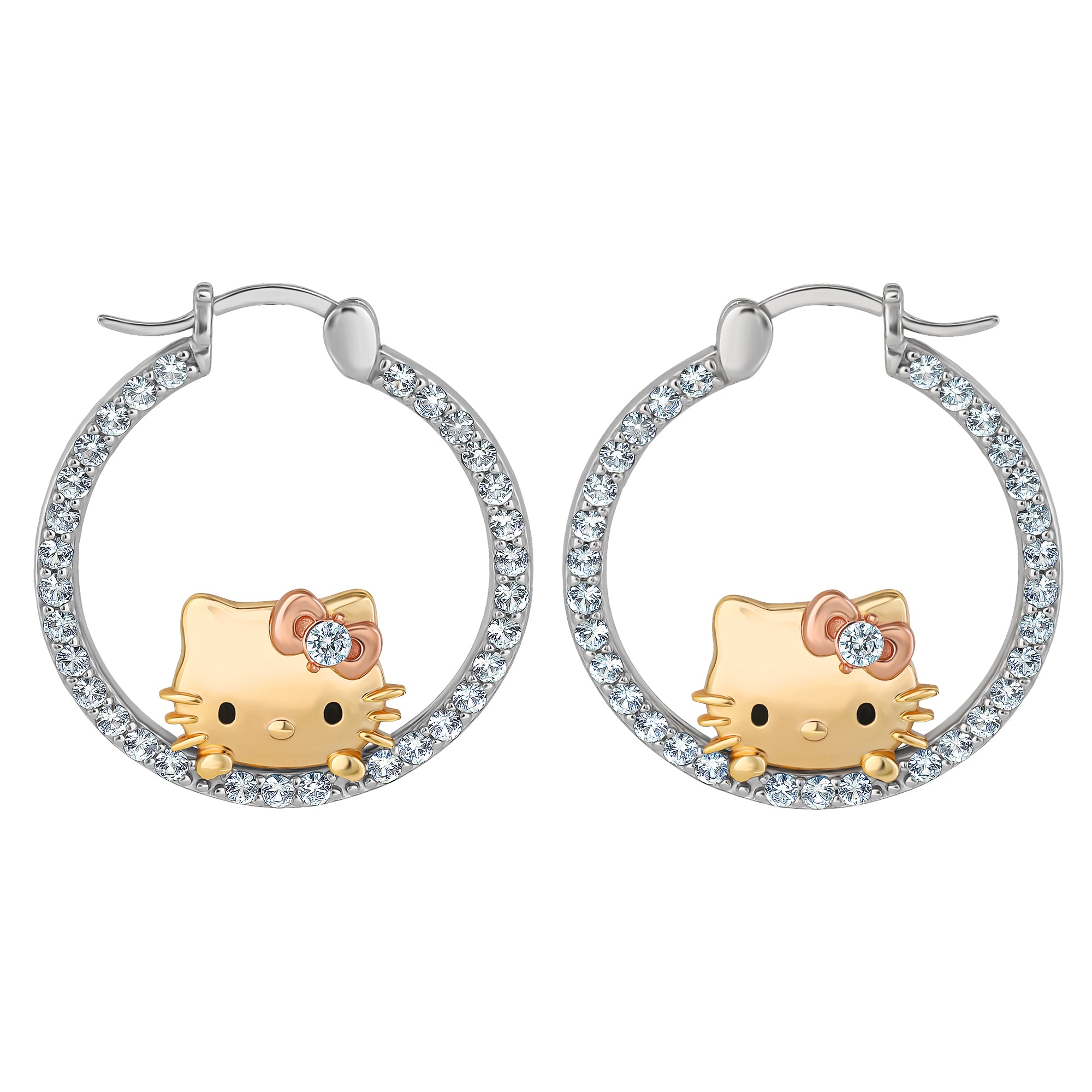 Hello Kitty Two-Tone Gold Plated Hoop Earrings (White Sapphire)