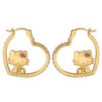Hello Kitty Gold Plated Heart-Shaped Hoop Earrings (Pink & White Sapphire)