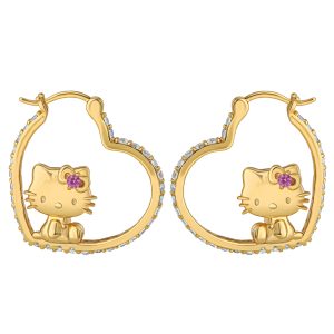 Hello Kitty Gold Plated Heart-Shaped Hoop Earrings (Pink & White Sapphire)