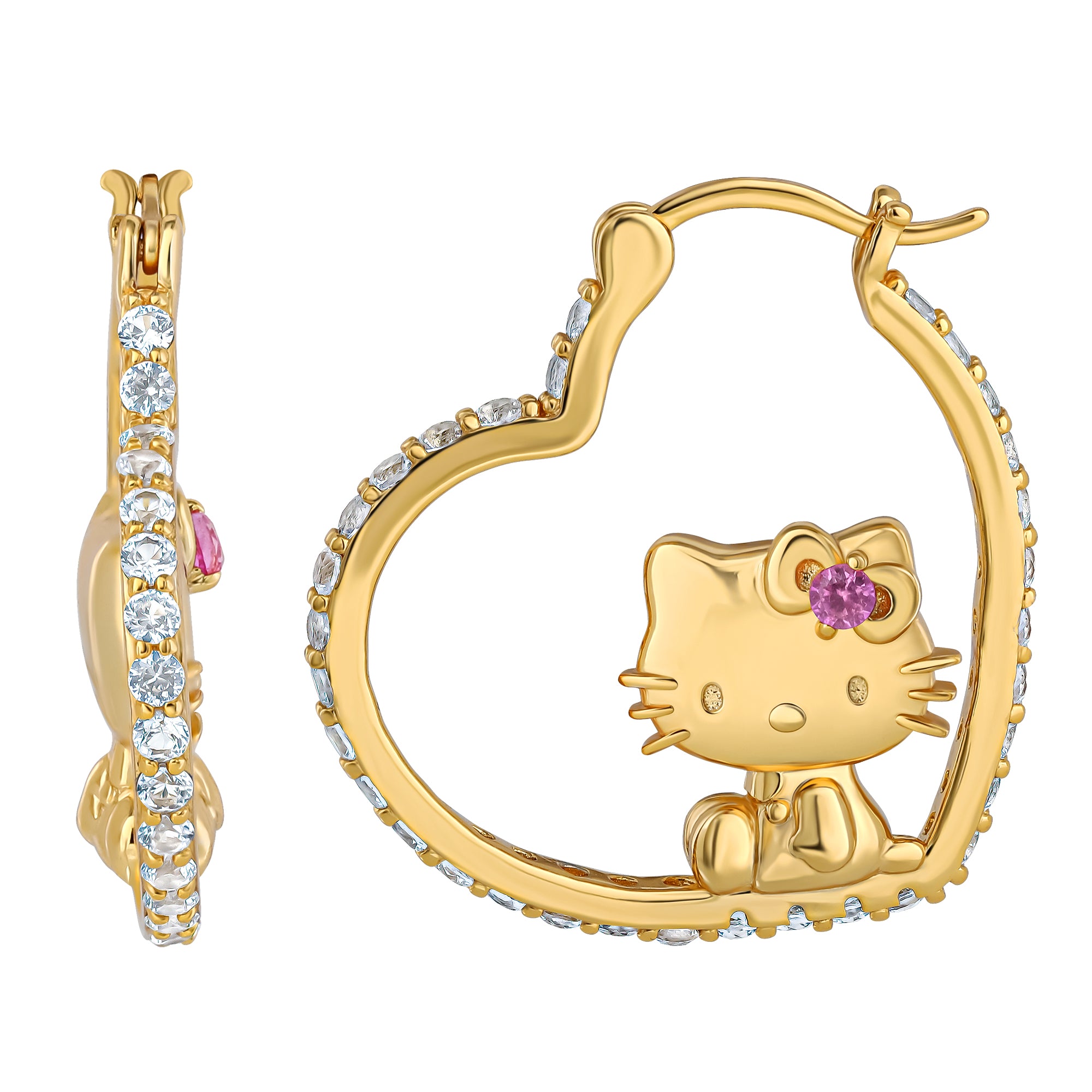 Hello Kitty Gold Plated Heart-Shaped Hoop Earrings (Pink & White Sapphire) - 图片 4