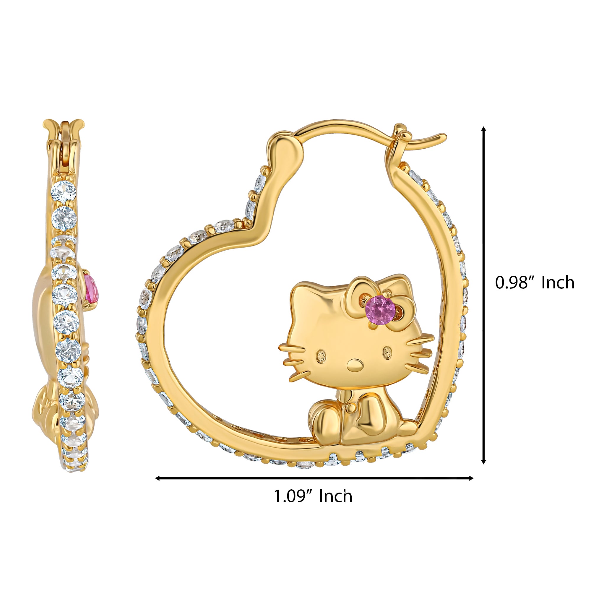 Hello Kitty Gold Plated Heart-Shaped Hoop Earrings (Pink & White Sapphire) - 图片 6