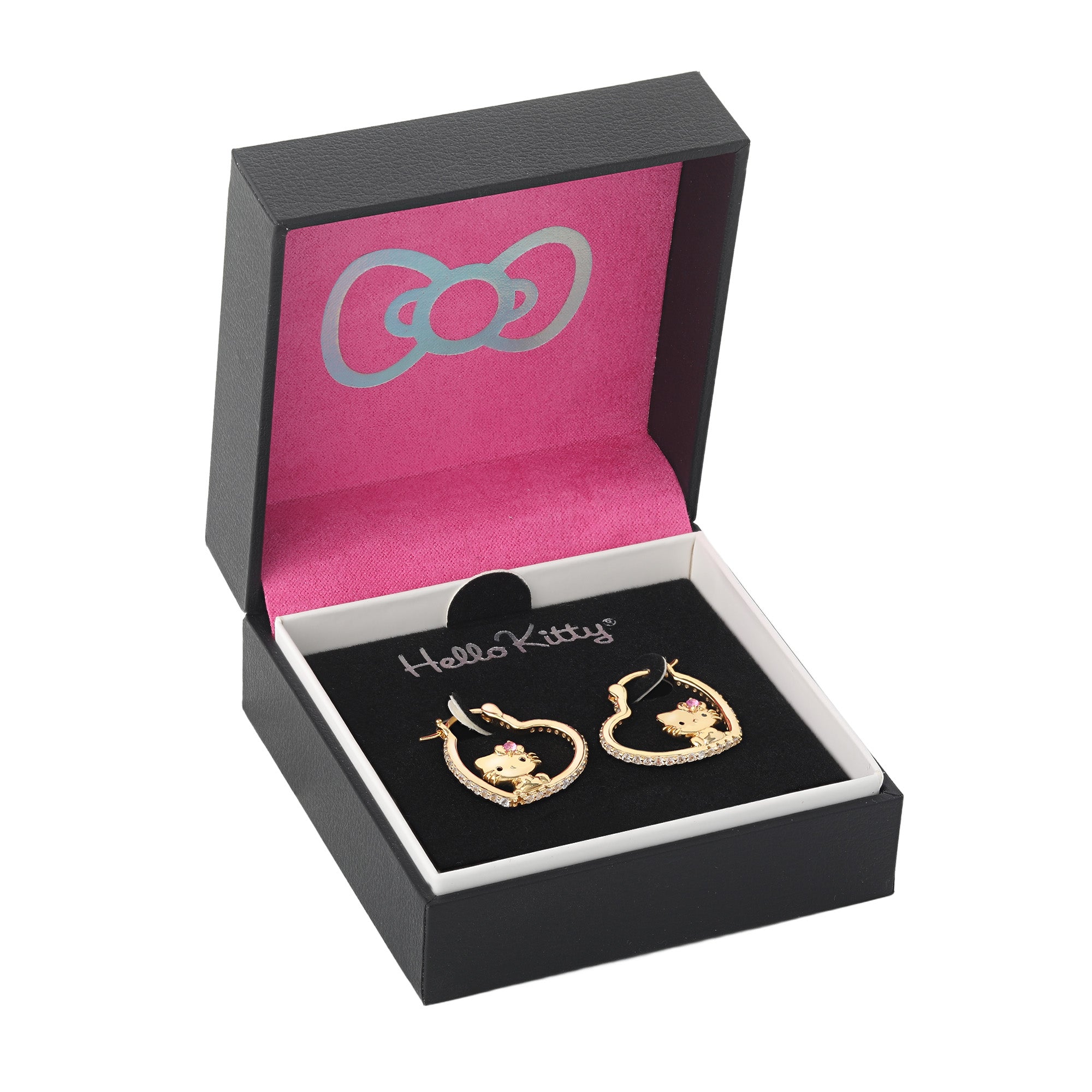 Hello Kitty Gold Plated Heart-Shaped Hoop Earrings (Pink & White Sapphire) - 图片 5