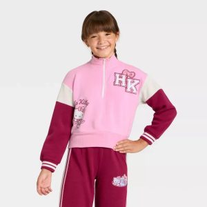 Hello Kitty Girls Quarter-Zip Fleece Varsity Sweatshirt