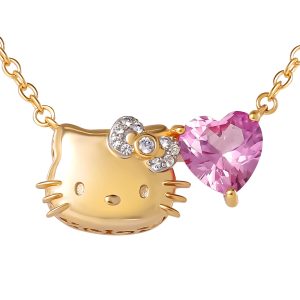 Hello Kitty 18" Two-Tone Gold Plated Face & Heart Necklace (Pink & White Sapphire)