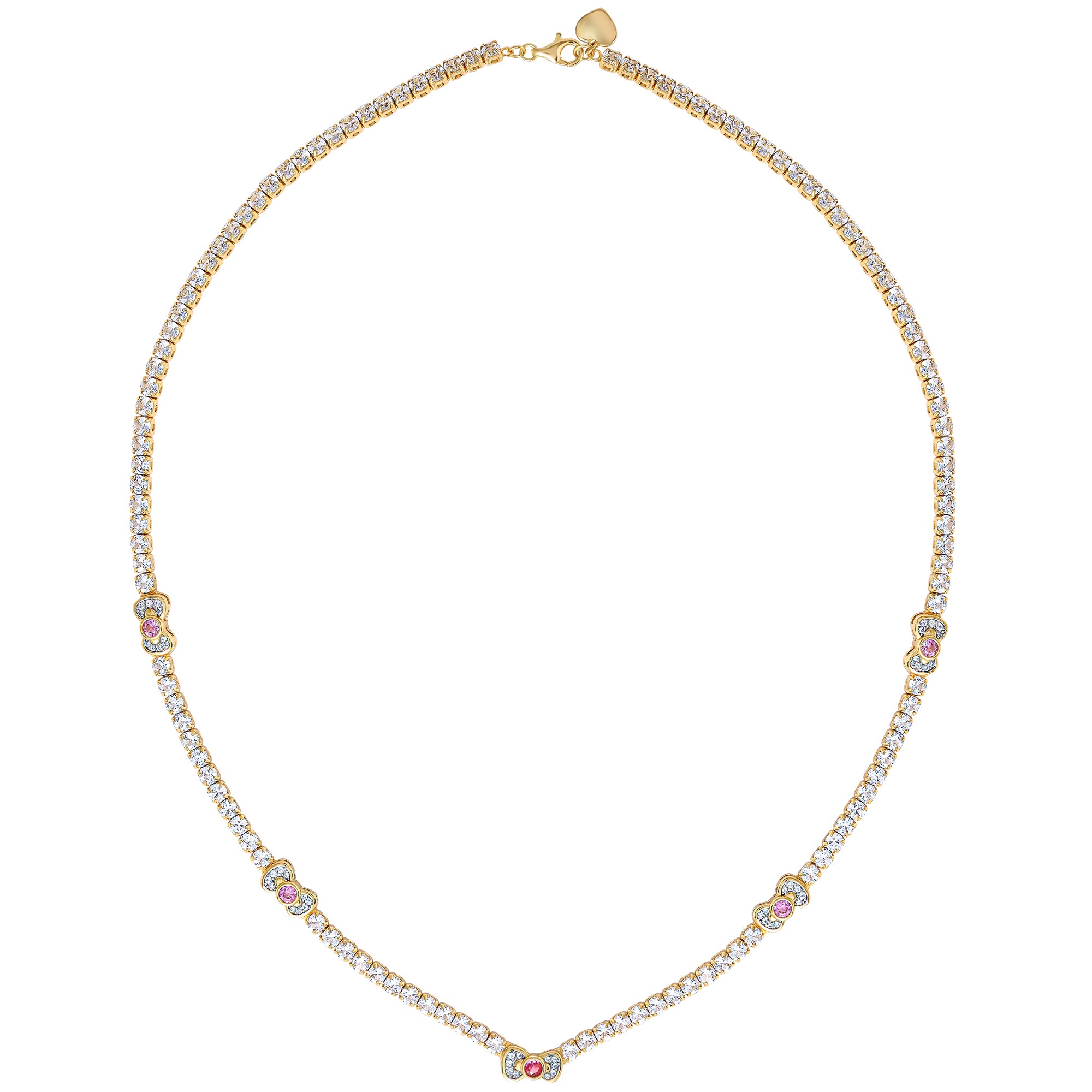 Hello Kitty Two-Tone Gold Plated Bow Tennis Necklace (Pink & White Sapphire)